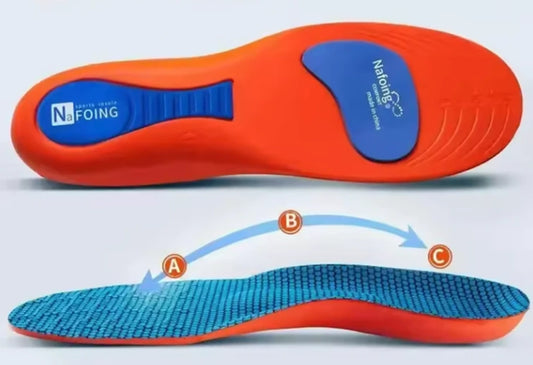 Paire de semelles ArchFlex vue de dessus et de profil, courbe de soutien plantaire